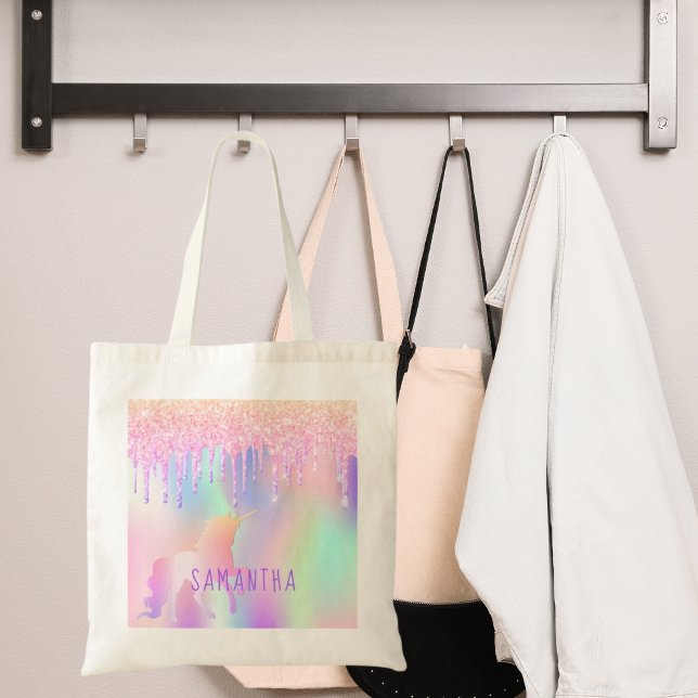 Unicorn glitter drips pink purple name tote bag (Creator Uploaded)