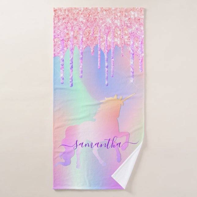 Unicorn glitter drips pink rainbow name bath towel (Bath Towel)