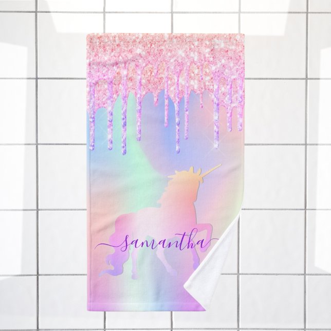 Unicorn glitter drips pink rainbow name hand towel (Creator Uploaded)