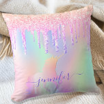 Unicorn glitter drips rainbow girl name script throw pillow<br><div class="desc">A trendy rainbow colored background with unicorn and rainbow pastel colors in pink, purple, rose gold, mint green. Decorated with faux glitter drips in rose gold, pink and purple and a rainbow colored unicorn. Personalize and add a name, written with a modern hand lettered style script with swashes. Purple colored...</div>