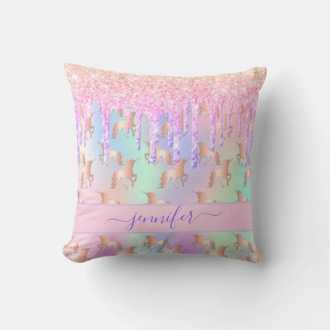 Unicorn glitter drips rainbow girl pink name throw pillow (Front)