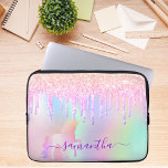 Unicorn glitter drips rainbow name iridescent laptop sleeve<br><div class="desc">A trendy iridescent rainbow coloured background with unicorn and rainbow pastel colours in pink, purple, rose gold, mint green. Decorated with faux glitter drips in rose gold, pink and purple. A rainbow coloured unicorn. Personalize and add a name, written with a large modern hand lettered style script with swashes. Purple...</div>