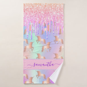 Unicorn glitter drips rainbow pink purple name bath towel