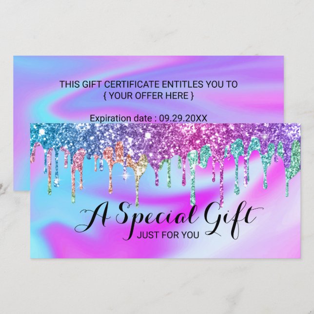 Unicorn Glitter Drips Salon Gift Certificates (Front/Back)