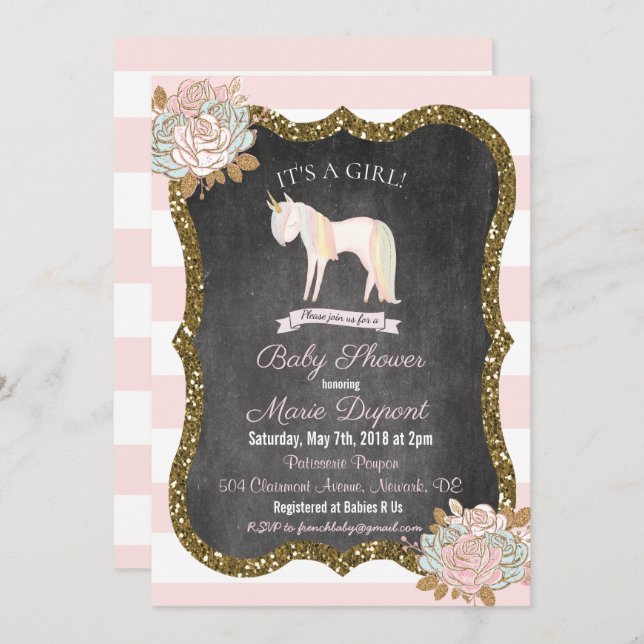 Unicorn Glitter Floral Baby Shower Invitation (Front/Back)
