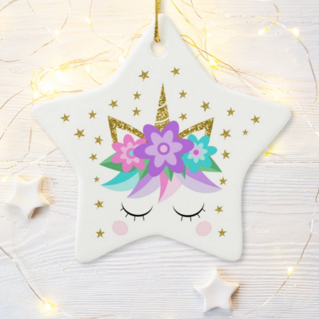 Unicorn Glitter Flowers Stars Personalized Ceramic Ornament (Creator Uploaded)