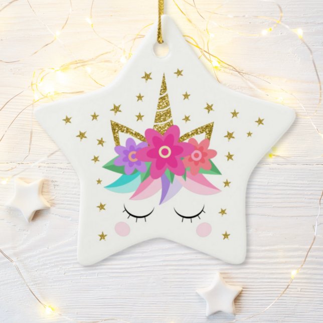 Unicorn Glitter Flowers Stars Personalized Ceramic Ornament (Creator Uploaded)
