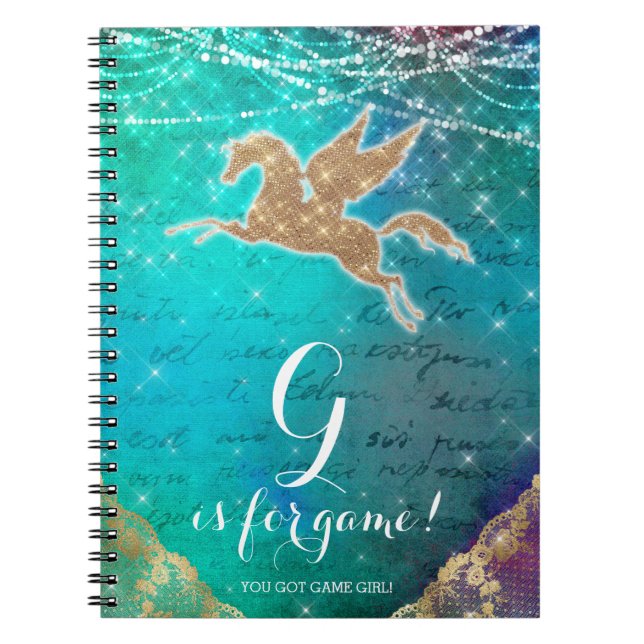 Unicorn Glitter Gold Lights Blue Letter G Notebook (Front)