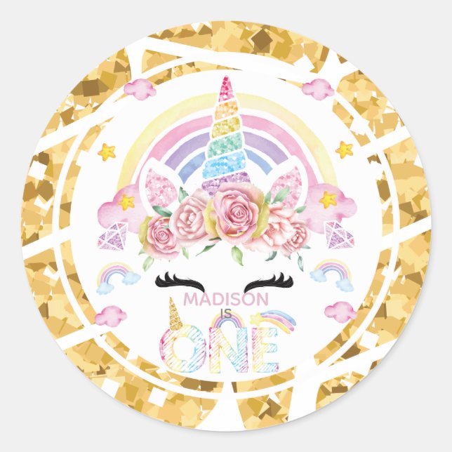Unicorn Glitter Gold Personalized First Birthday Classic Round Sticker (Front)