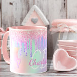 Unicorn glitter pink holographic monogram name mug<br><div class="desc">A trendy holographic background with unicorn and rainbow pastel colors in pink,  purple,  rose gold,  mint green. Decorated with faux glitter drips in rose gold,  pink and purple and two unicorns. Personalize and your name and monogram initials.  Pink and white colored letters.</div>