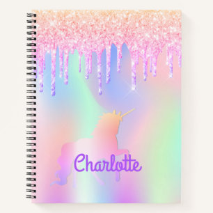 Unicorn glitter pink iridescent rainbow monogram notebook