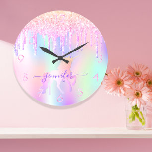 Unicorn glitter pink purple name girl large clock