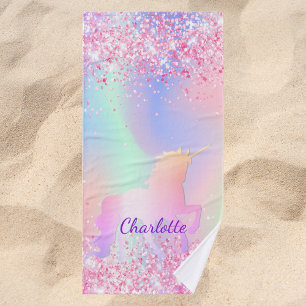 Unicorn glitter pink purple name script bath towel