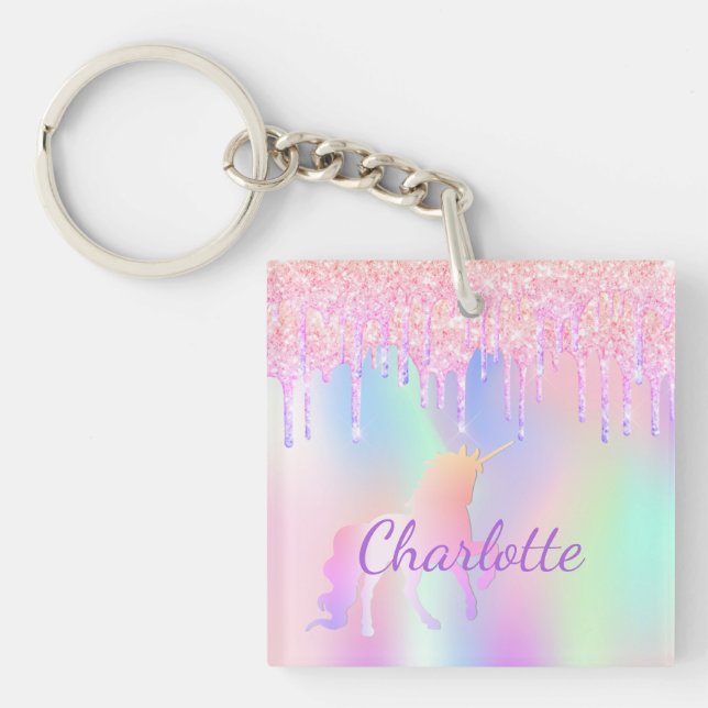 Unicorn glitter rainbow monogram name holographic keychain (Front)