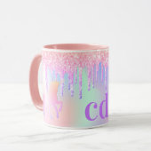 Unicorn glitter rainbow pink monogram holographic mug (Front Left)