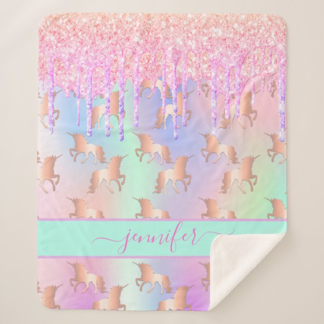 Unicorn glitter rainbow pink name script sherpa blanket (Front)
