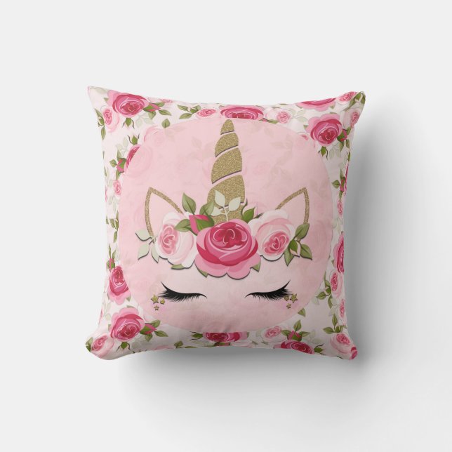Unicorn Gold Floral Roses Cute Trendy Throw Pillow (Front)