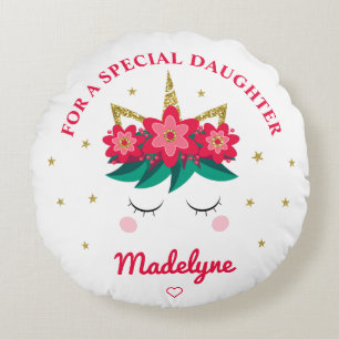 Unicorn Gold Glitter Daughter Christmas Round Pillow