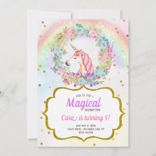Unicorn Gold Glitter Pastel Birthday Invitation