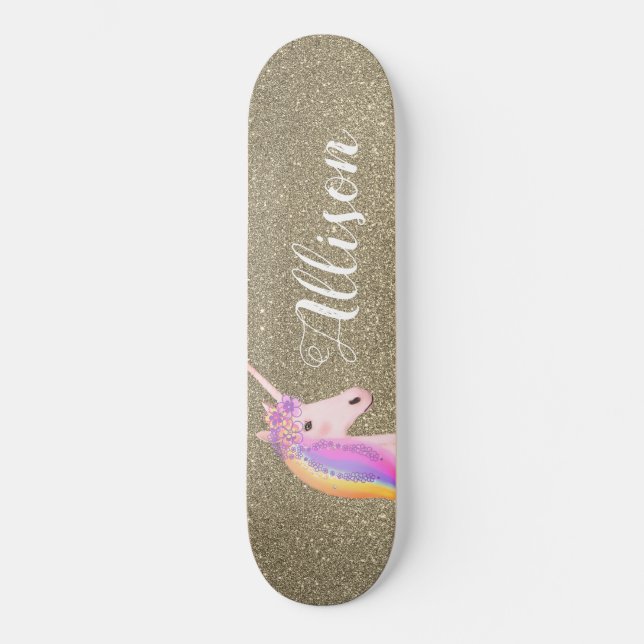 Unicorn Gold Glitter Sparkles Girls Personalized Skateboard (Front)