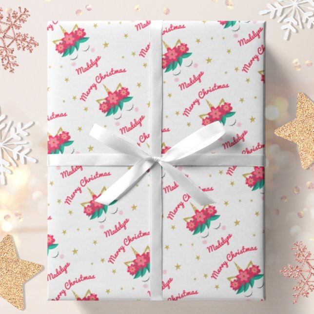 Unicorn Gold Glitter Stars Personalized Christmas Wrapping Paper (Creator Uploaded)