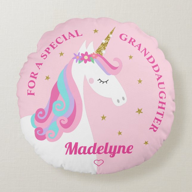 Unicorn Gold Glitter Stars Pink Granddaughter Round Pillow (Front)