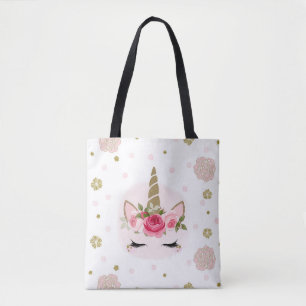 Unicorn Gold Pink Floral Blooms Cute Trendy Party Tote Bag