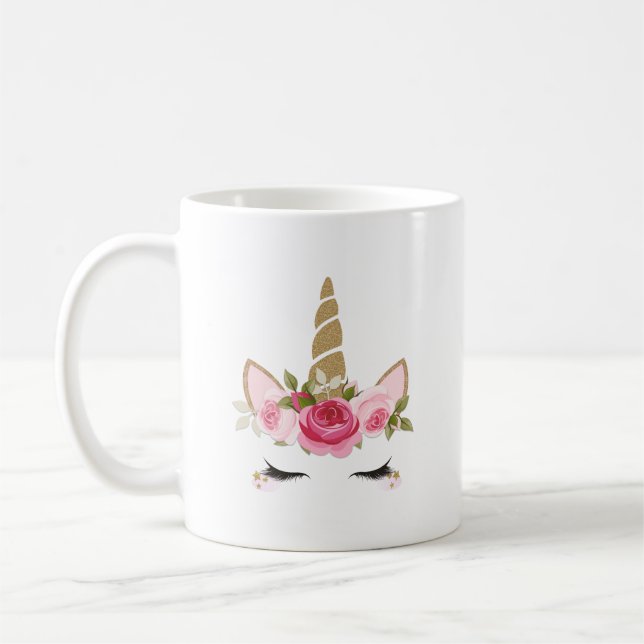 Unicorn Gold Pink Floral Cute Trendy Coffee Mug (Left)