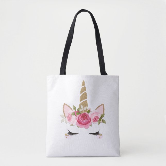 Unicorn Gold Pink Floral Cute Trendy Tote Bag (Front)