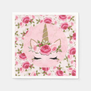 Unicorn Gold Pink Floral Roses Birthday Party Napkin