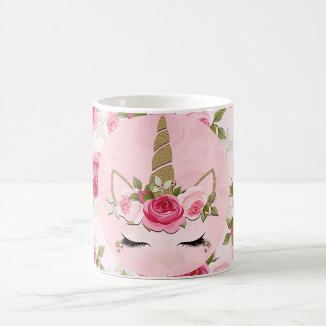 Unicorn Gold Pink Floral Roses Cute Trendy  Coffee Mug (Center)