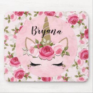 Unicorn Gold Pink Floral Roses Cute Trendy Mouse Pad