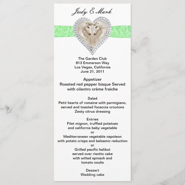 Unicorn Green Lace Wedding Menu Card (Front)