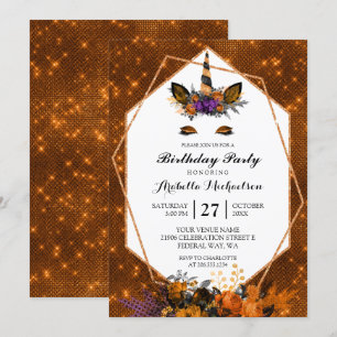 Unicorn Halloween Floral Sparkle Birthday Invitation