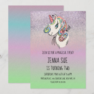 Unicorn Hand Drawn Ombré Birthday Party Invitation