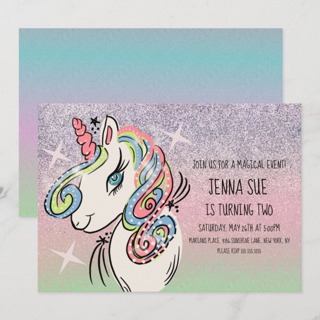 Unicorn  Hand Drawn Ombré Rainbow Birthday  Invitation (Front/Back)