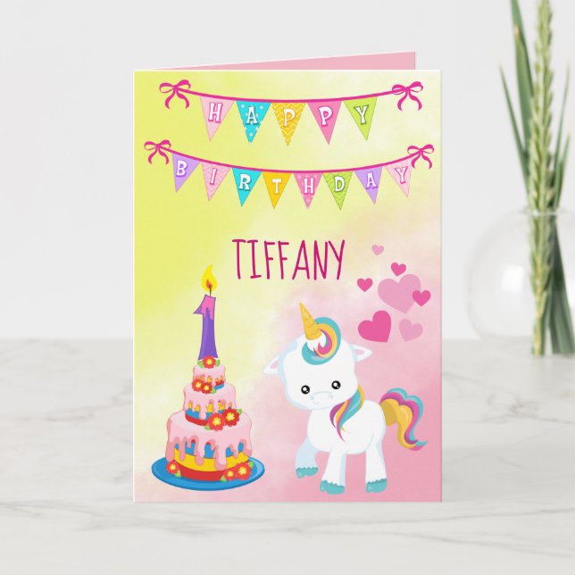 Unicorn Happy 1st Birthday Girl Card (Front)