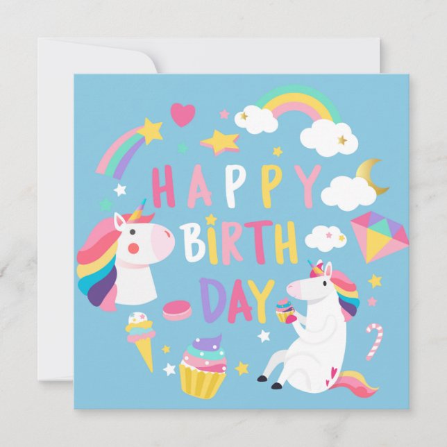 Unicorn Happy Birthday Holiday Card (Front)