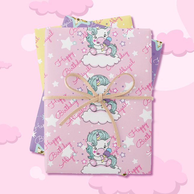 Unicorn Happy Birthday Name Pink Yellow Lavender 3 Wrapping Paper Sheet (Creator Uploaded)