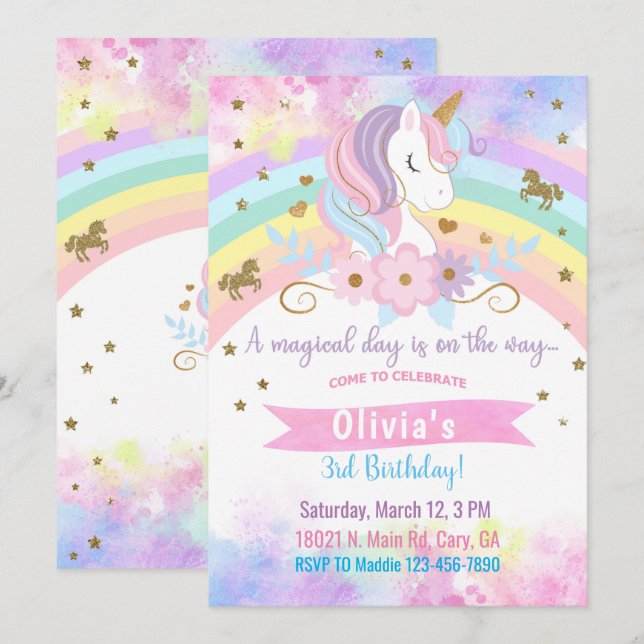 Unicorn head & flowers girl birthday invitation. i invitation (Front/Back)
