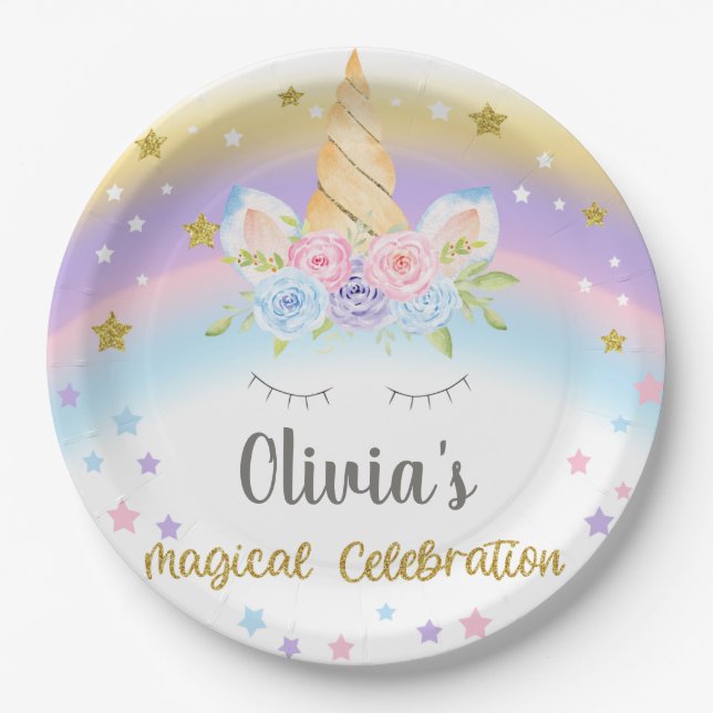 Unicorn head girl birthday customized paper plate. plate (Front)