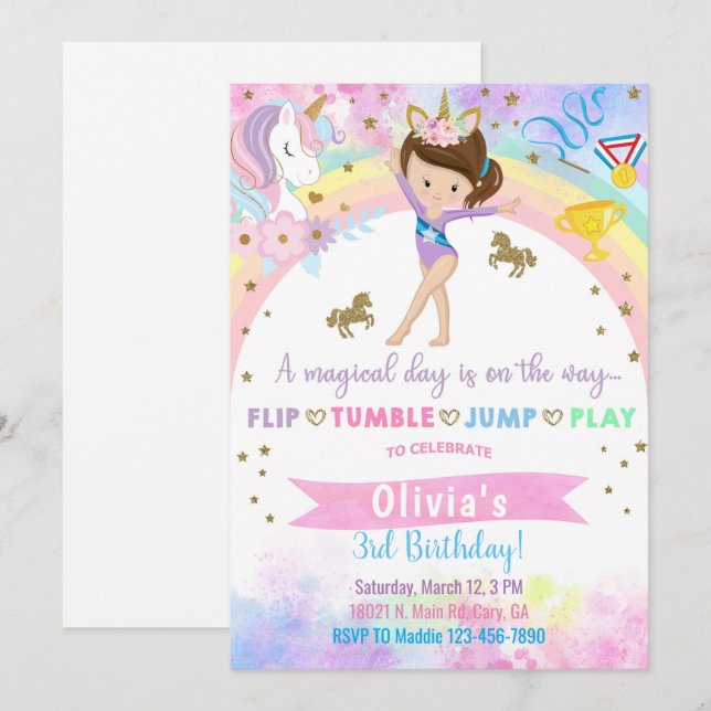 Unicorn head gymnastics brunette girl birthday. invitation (Front/Back)