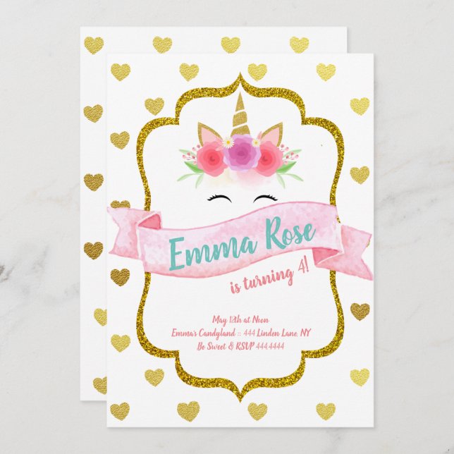 Unicorn Heart Birthday Party Invitation (Front/Back)