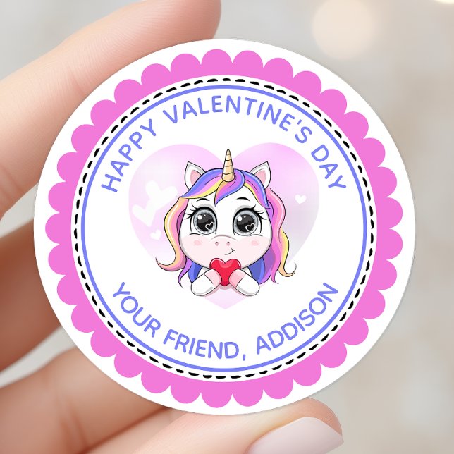 Unicorn Heart Cute Personalized Valentine Classic Round Sticker (Creator Uploaded)