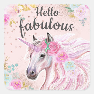 Unicorn Hello Fabulous Pink Floral Gold Glitter  Square Sticker