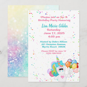 Unicorn Holding Balloons Birthday Invitation