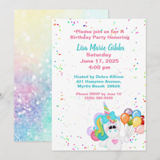 Unicorn Holding  Balloons Birthday Invitation