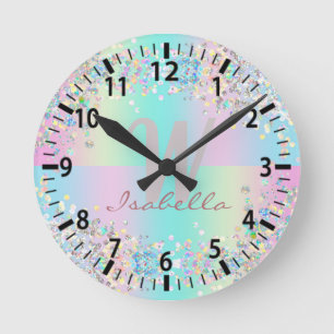 Unicorn Holographic Glitter Round Clock