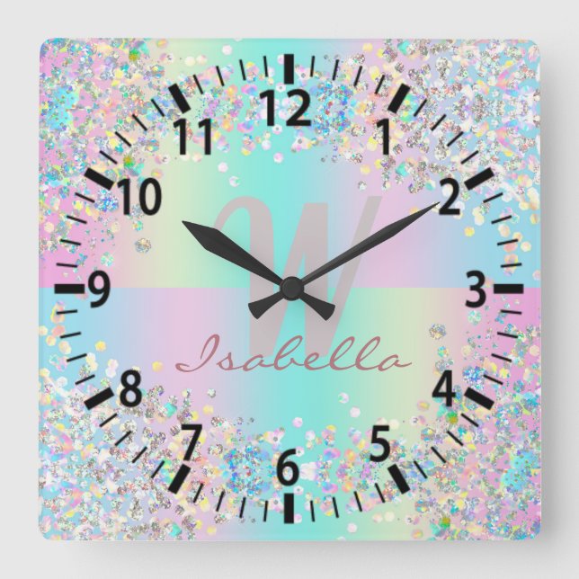 Unicorn Holographic Glitter Square Wall Clock (Front)