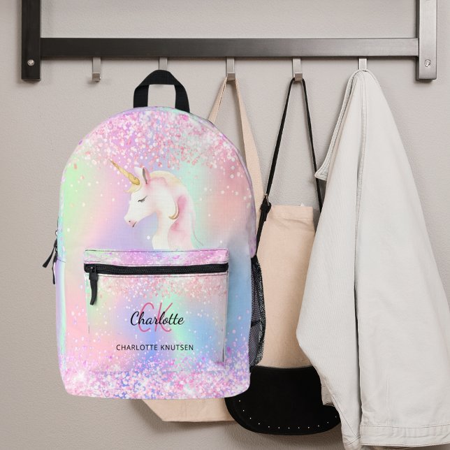 Unicorn holographic pink monogram name printed backpack (Creator Uploaded)